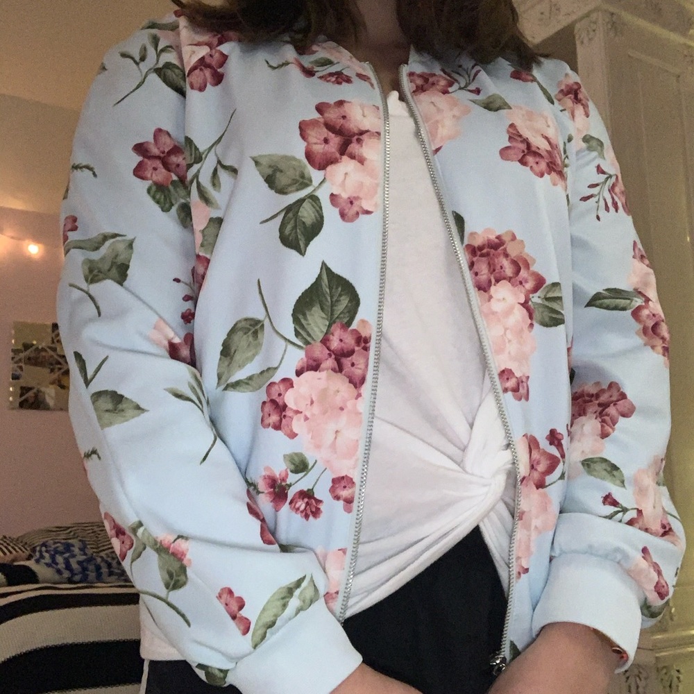 Blue Flower Forever 21 Bomber Jacket